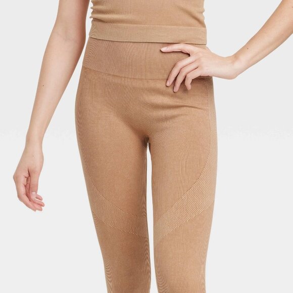 Medium - Womens High-Rise Ribbed Seamless 7/8 Leggings - JoyLab - Tan - Picture 3 of 10